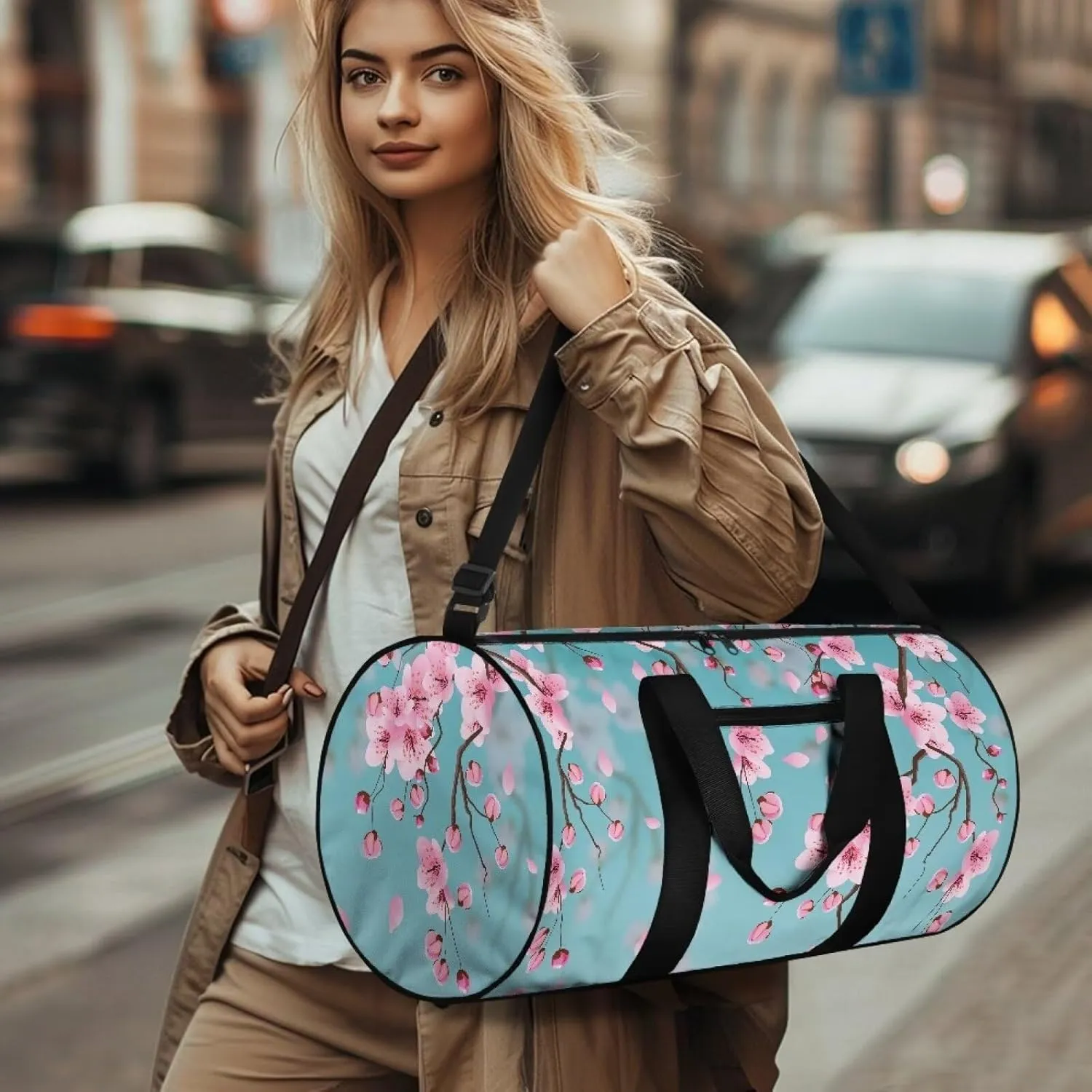 Rchsmod Blue Cherry Blossom Print Duffel Bag for Women Waterproof Gym Bag Large Capacity Travel Duffel Bag with Front Zipper Pocket Overnight Crossbody Bag with Adjustable Shoulder Strap for Gym
