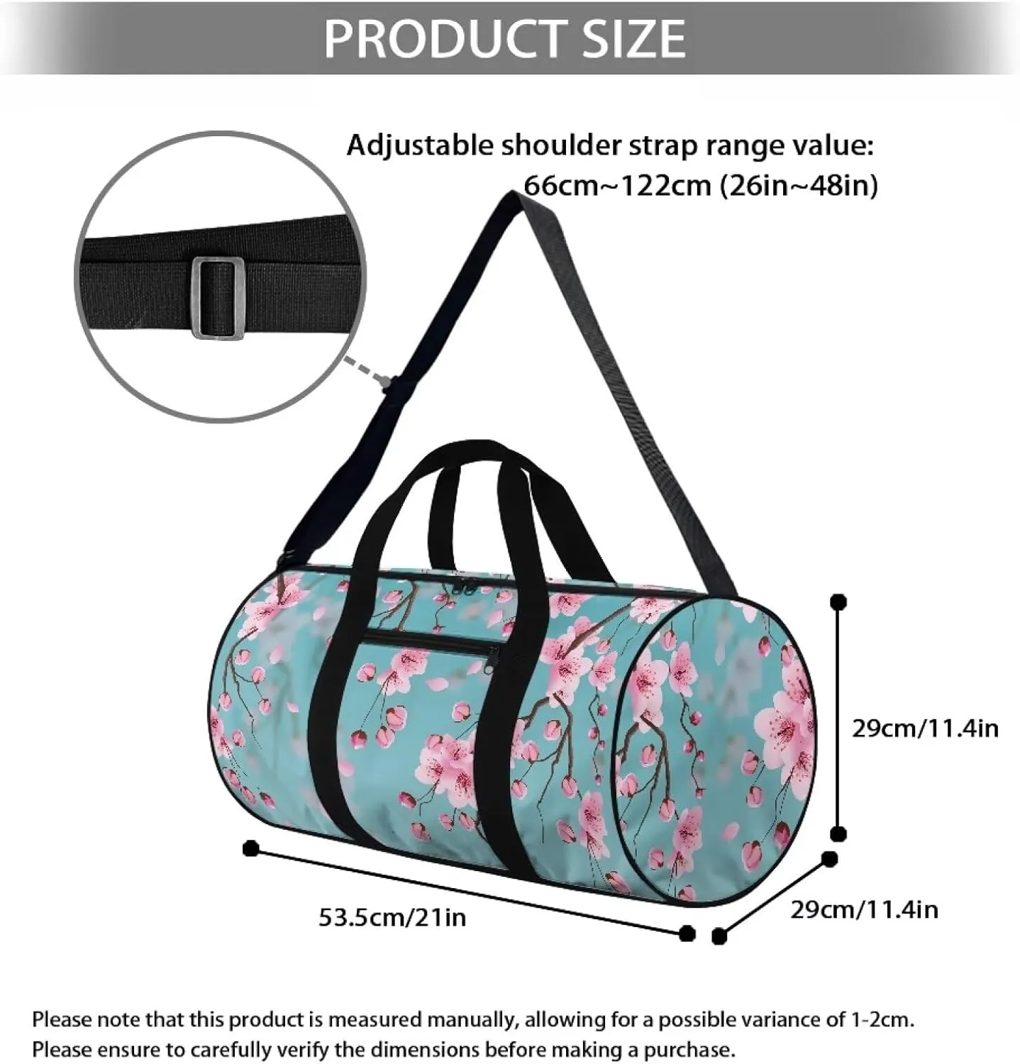 Rchsmod Blue Cherry Blossom Print Duffel Bag for Women Waterproof Gym Bag Large Capacity Travel Duffel Bag with Front Zipper Pocket Overnight Crossbody Bag with Adjustable Shoulder Strap for Gym