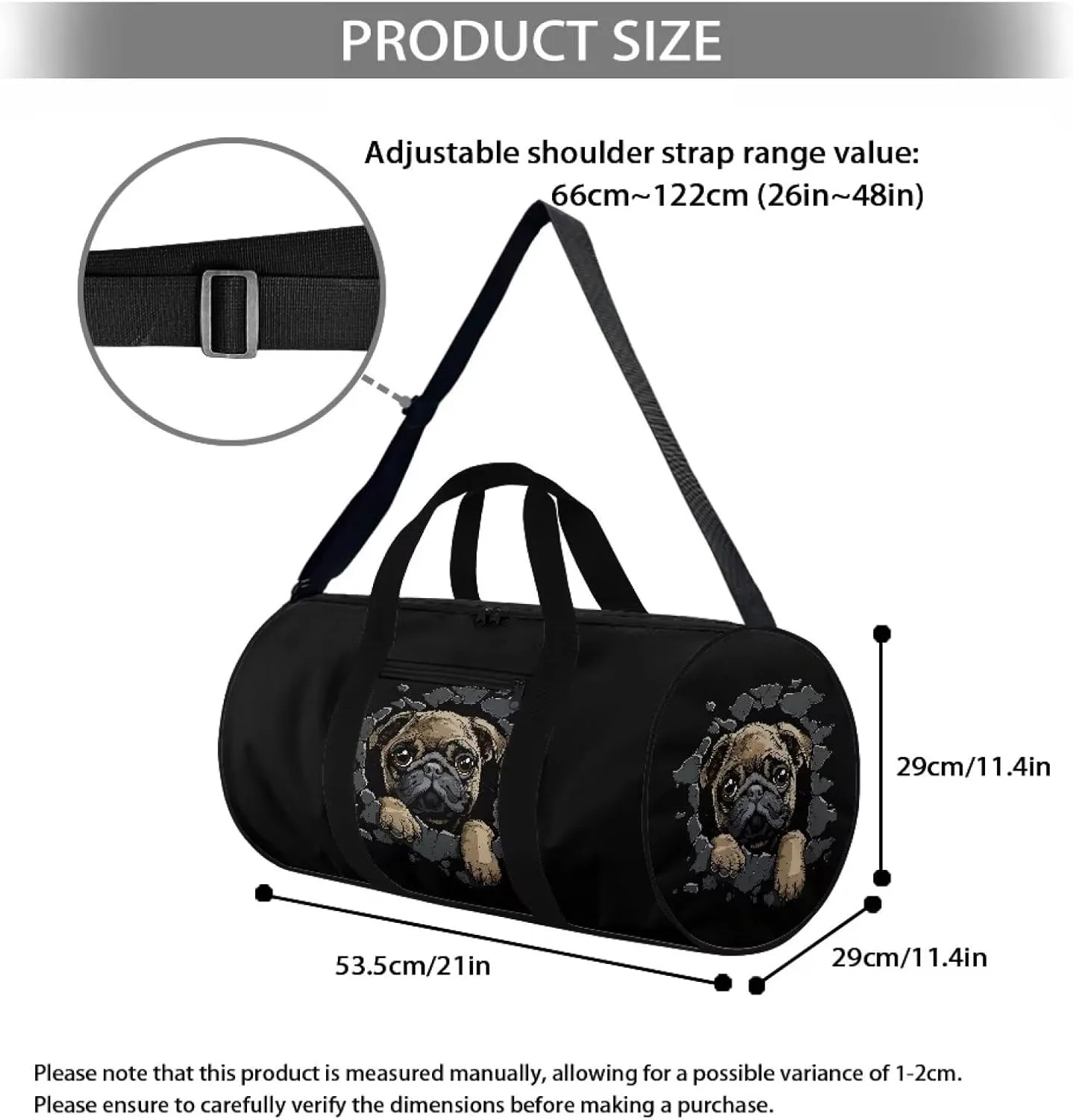Rchsmod Pug Dog Print Gym Bag for Men Women 3D Design Travel Duffel Bag Tear Resistant Duffel Bag Lightweight Weekender Overnight Tote Bag Zipper Sports Equipment Organizer for Gym Travel Fitness