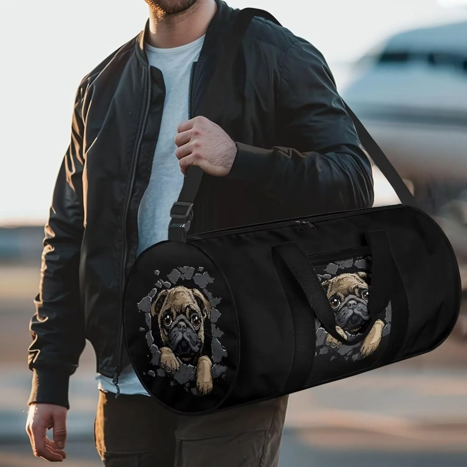 Rchsmod Pug Dog Print Gym Bag for Men Women 3D Design Travel Duffel Bag Tear Resistant Duffel Bag Lightweight Weekender Overnight Tote Bag Zipper Sports Equipment Organizer for Gym Travel Fitness