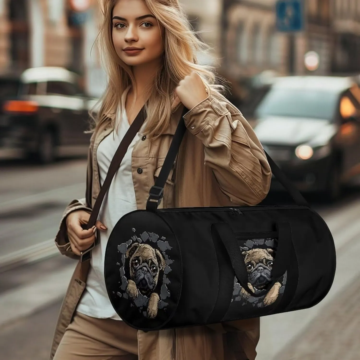 Rchsmod Pug Dog Print Gym Bag for Men Women 3D Design Travel Duffel Bag Tear Resistant Duffel Bag Lightweight Weekender Overnight Tote Bag Zipper Sports Equipment Organizer for Gym Travel Fitness