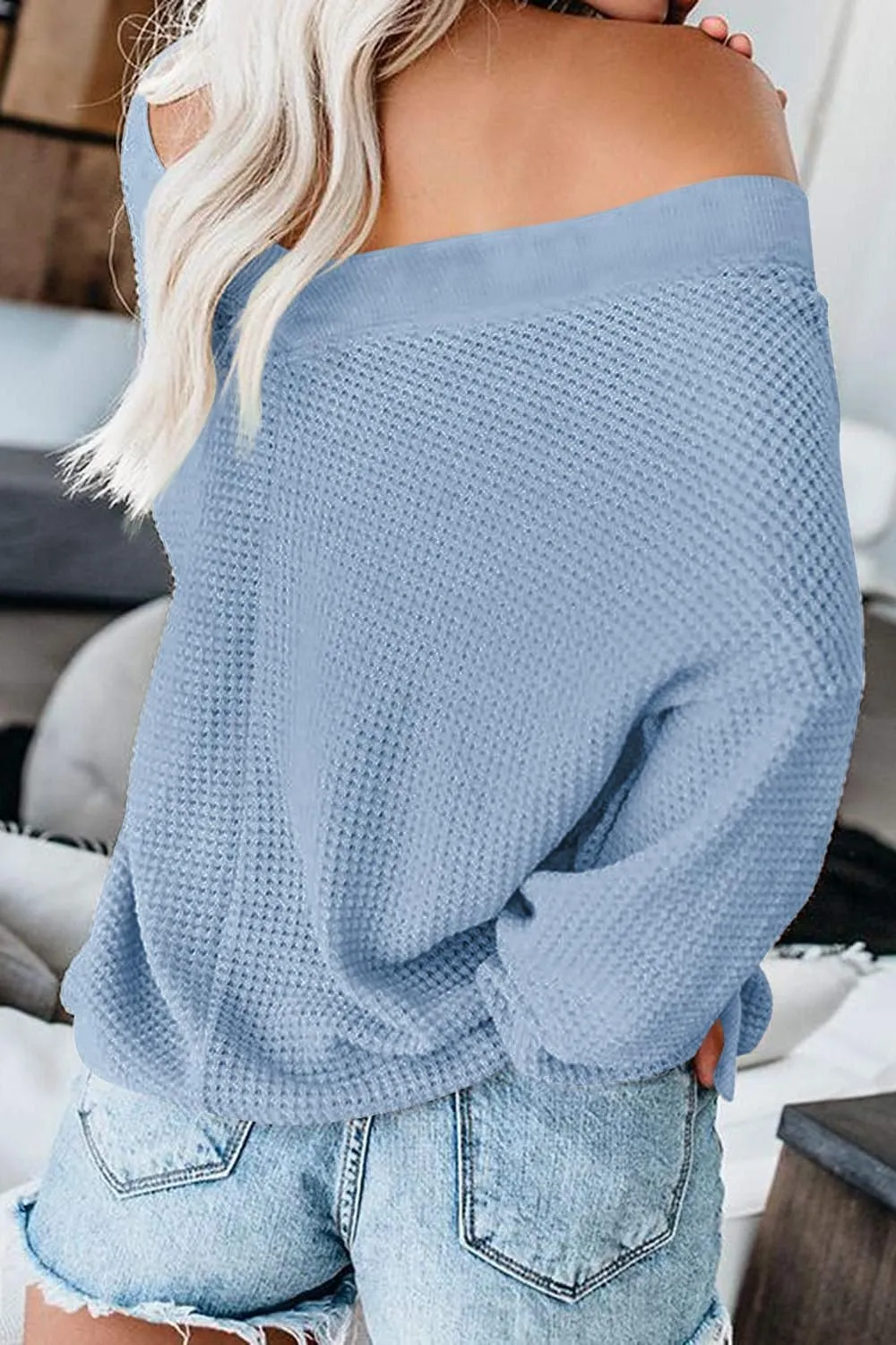ReachMe Womens Oversized Off The Shoulder Tops Long Sleeve Waffle Knit Shirt Drop Shoulder Sweater Top