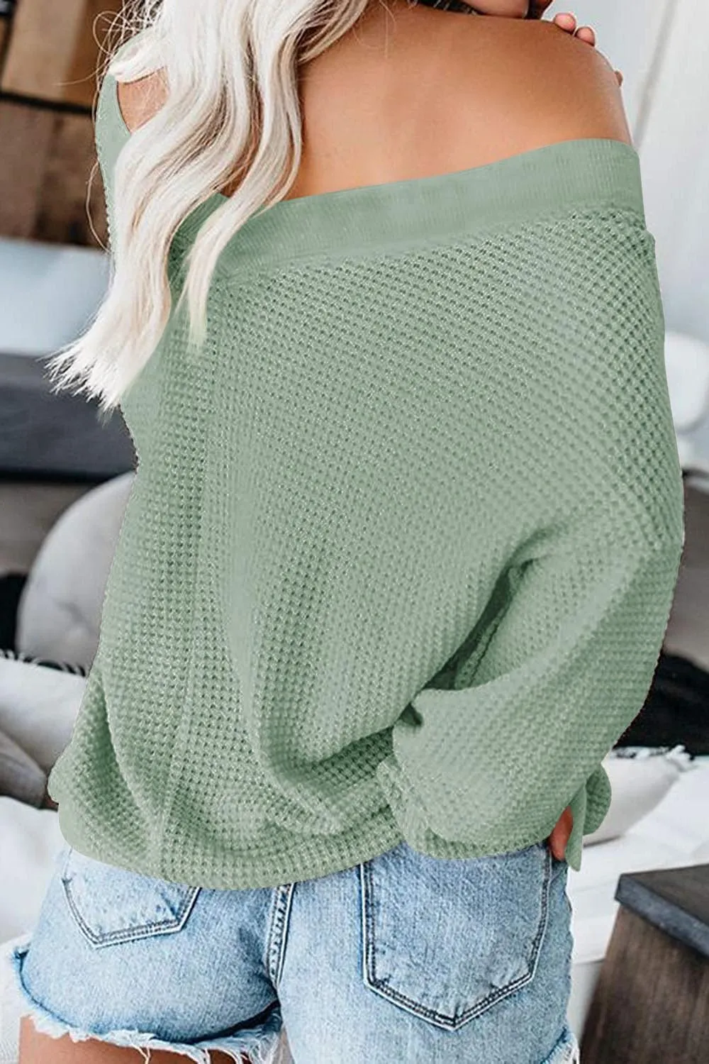 ReachMe Womens Oversized Off The Shoulder Tops Long Sleeve Waffle Knit Shirt Drop Shoulder Sweater Top