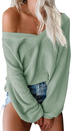 ReachMe Womens Oversized Off The Shoulder Tops Long Sleeve Waffle Knit Shirt Drop Shoulder Sweater Top