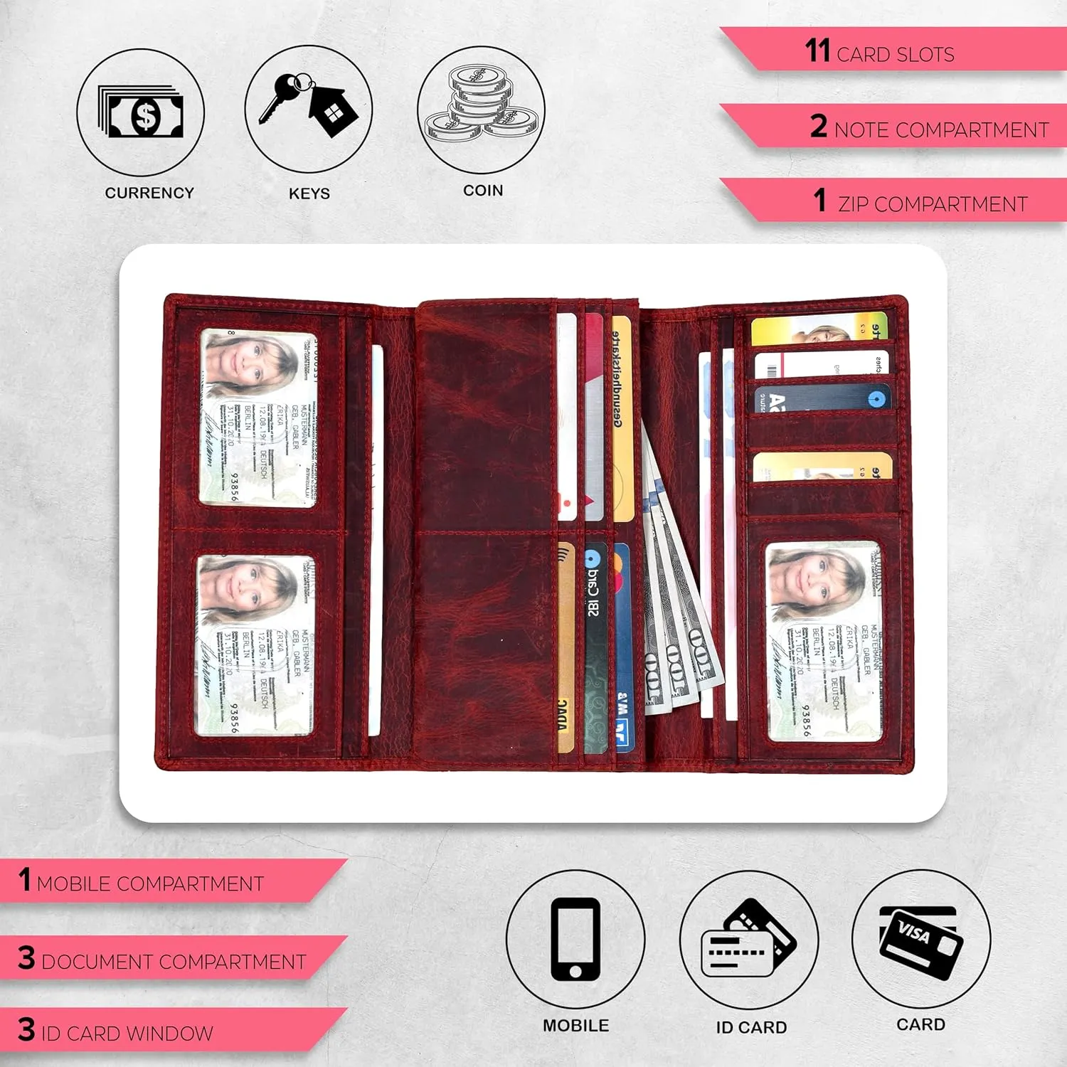 Real Leather Women Wallet Leather with RFID Blocking - Designer Trifold Card Holder Ladies Clutch with ID Window Wallets