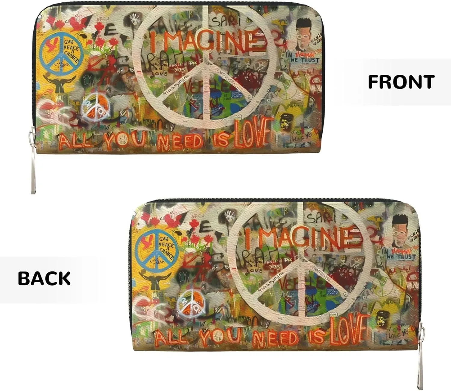 Rectangle Peace Sign Graffiti All You Need Is Love Wallet for Men Women Elegant Long Clutch Zip Around Travel Leather Coin Purse Large Capacity Credit Card Holder Handbag