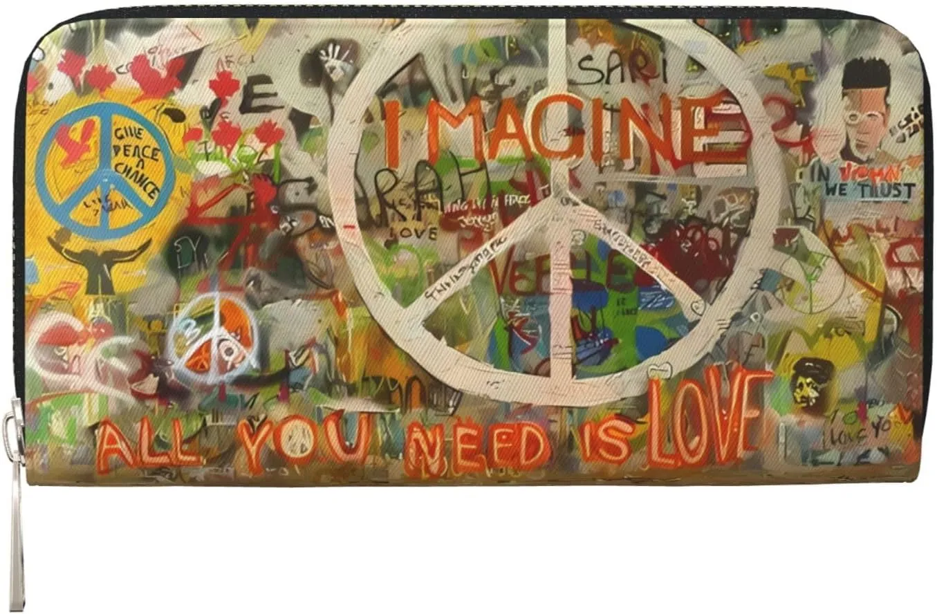 Rectangle Peace Sign Graffiti All You Need Is Love Wallet for Men Women Elegant Long Clutch Zip Around Travel Leather Coin Purse Large Capacity Credit Card Holder Handbag