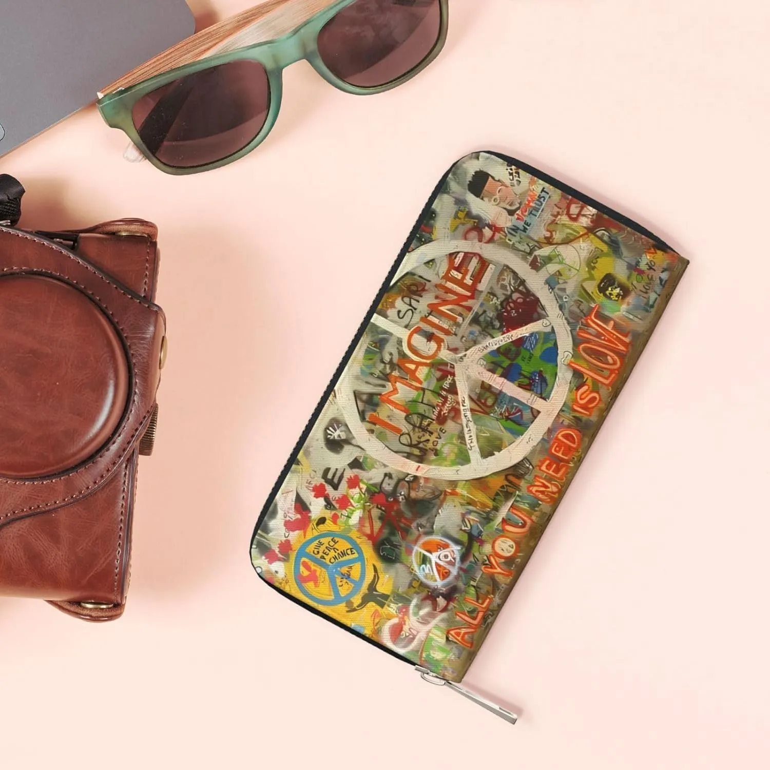 Rectangle Peace Sign Graffiti All You Need Is Love Wallet for Men Women Elegant Long Clutch Zip Around Travel Leather Coin Purse Large Capacity Credit Card Holder Handbag