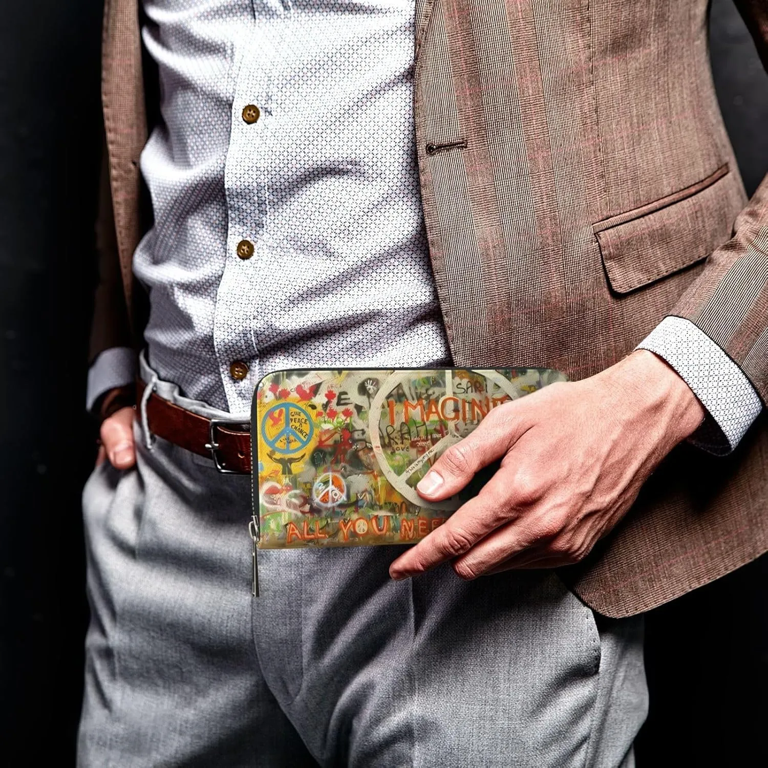 Rectangle Peace Sign Graffiti All You Need Is Love Wallet for Men Women Elegant Long Clutch Zip Around Travel Leather Coin Purse Large Capacity Credit Card Holder Handbag