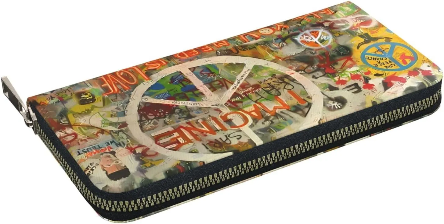 Rectangle Peace Sign Graffiti All You Need Is Love Wallet for Men Women Elegant Long Clutch Zip Around Travel Leather Coin Purse Large Capacity Credit Card Holder Handbag
