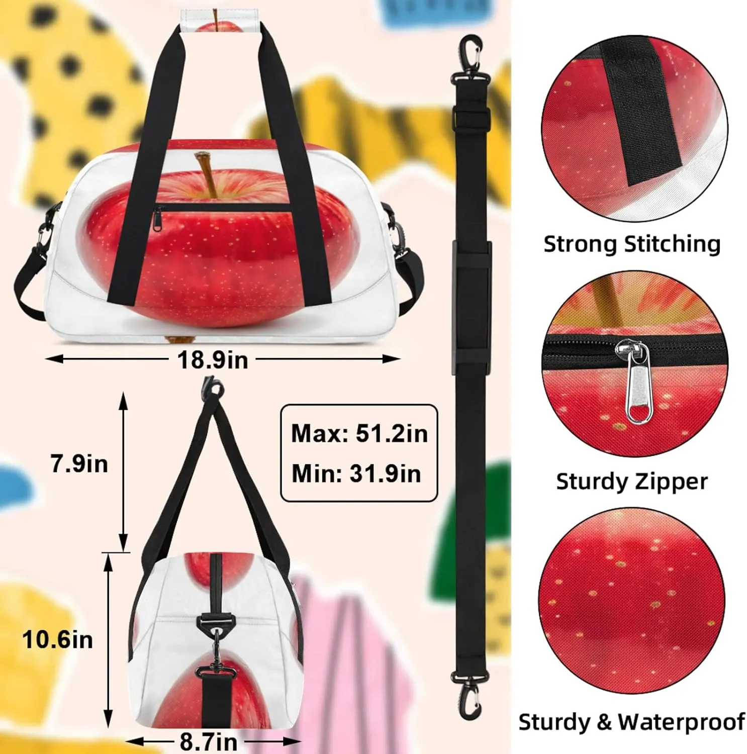 Red Apples Fruit Small Gym Bag 18 inch Carry On Duffel Bag for Weekender Travel Sports Workout Yoga Gymnastics Dance Ballet