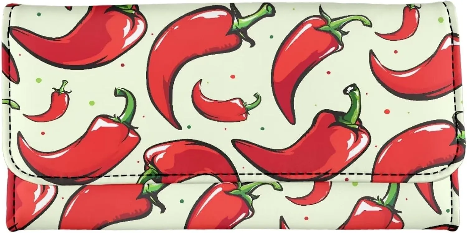 Red Chilli Pepper Slim Clutch Wallets for Women PU Leather Credit Card Holder, Mexican Pepper Pattern Billfold Wallets Purse with Zipper Pocket
