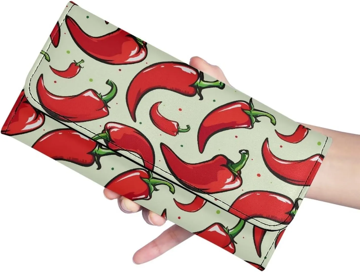 Red Chilli Pepper Slim Clutch Wallets for Women PU Leather Credit Card Holder, Mexican Pepper Pattern Billfold Wallets Purse with Zipper Pocket