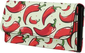 Red Chilli Pepper Slim Clutch Wallets for Women PU Leather Credit Card Holder, Mexican Pepper Pattern Billfold Wallets Purse with Zipper Pocket