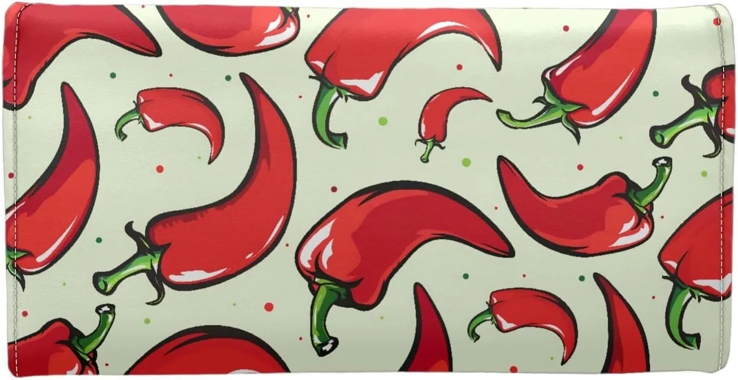 Red Chilli Pepper Slim Clutch Wallets for Women PU Leather Credit Card Holder, Mexican Pepper Pattern Billfold Wallets Purse with Zipper Pocket