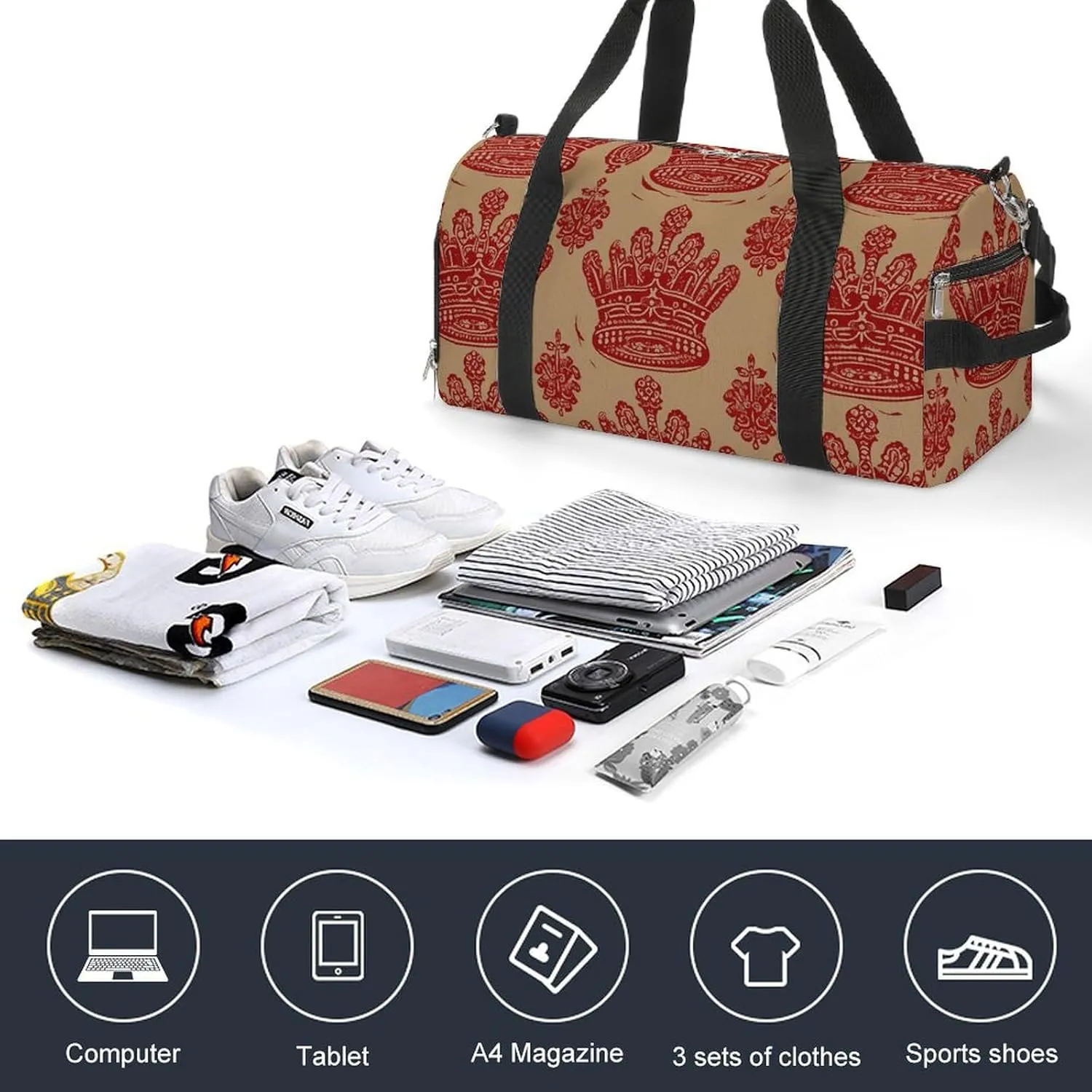 Red Crown Sports Gym Bag Carry on Holdalls for Men Small Duffel Bags for Women with Shoe Compartment