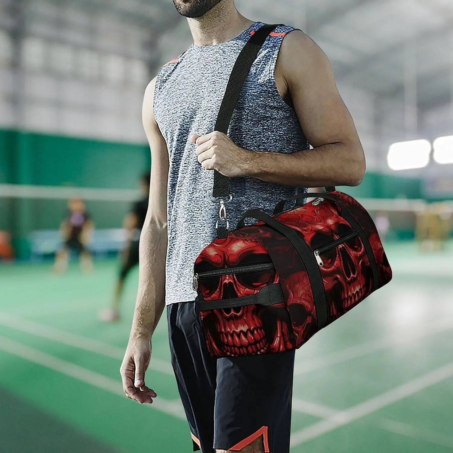 Red Skulls Sports Gym Bag Carry on Holdalls for Men Small Duffel Bags for Women with Shoe Compartment