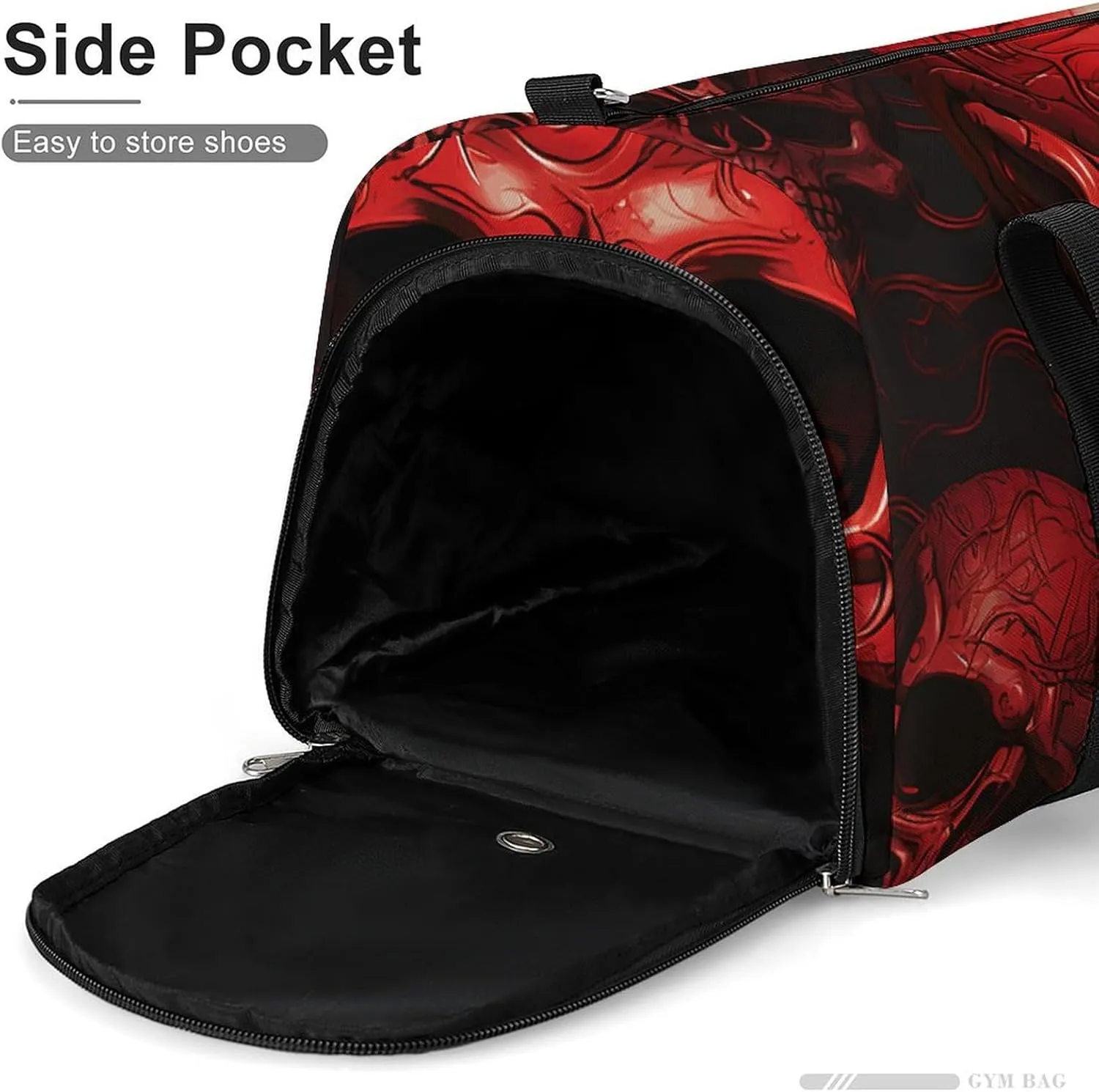 Red Skulls Sports Gym Bag Carry on Holdalls for Men Small Duffel Bags for Women with Shoe Compartment