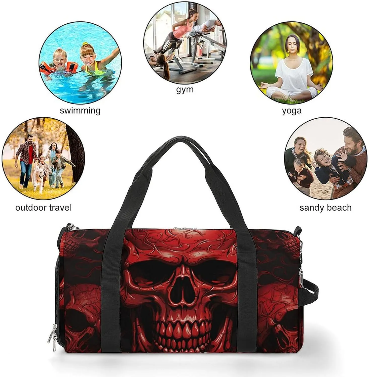 Red Skulls Sports Gym Bag Carry on Holdalls for Men Small Duffel Bags for Women with Shoe Compartment