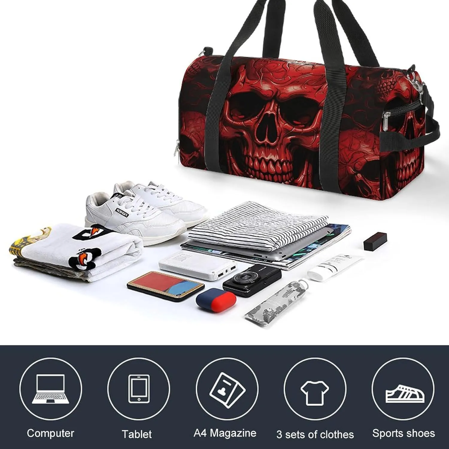 Red Skulls Sports Gym Bag Carry on Holdalls for Men Small Duffel Bags for Women with Shoe Compartment