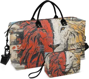 Red White Lion Duffel Bag for Travel Gym Sport, Weekender Travel Bags Carry on Overnight Bag