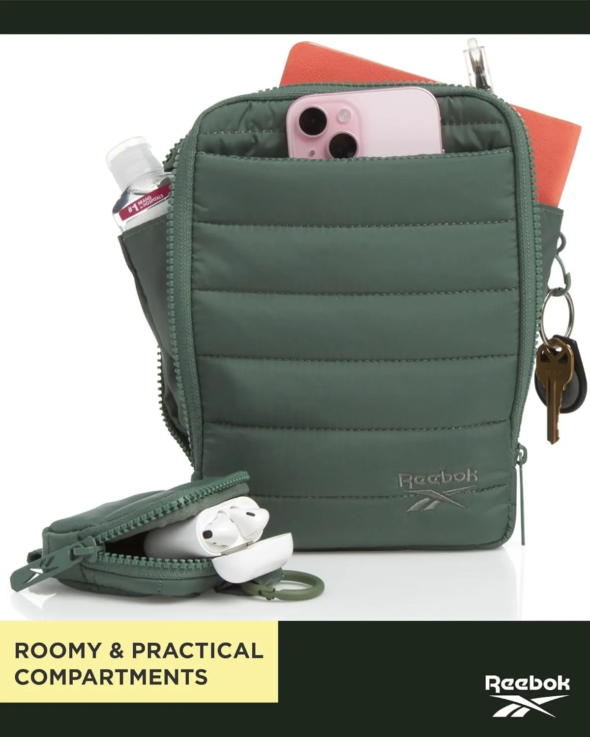 Reebok Women's Crossbody Bag - Quilted Nylon Sling Bag Travel Purse with Adjustable Strap and Secure Zipper Closures