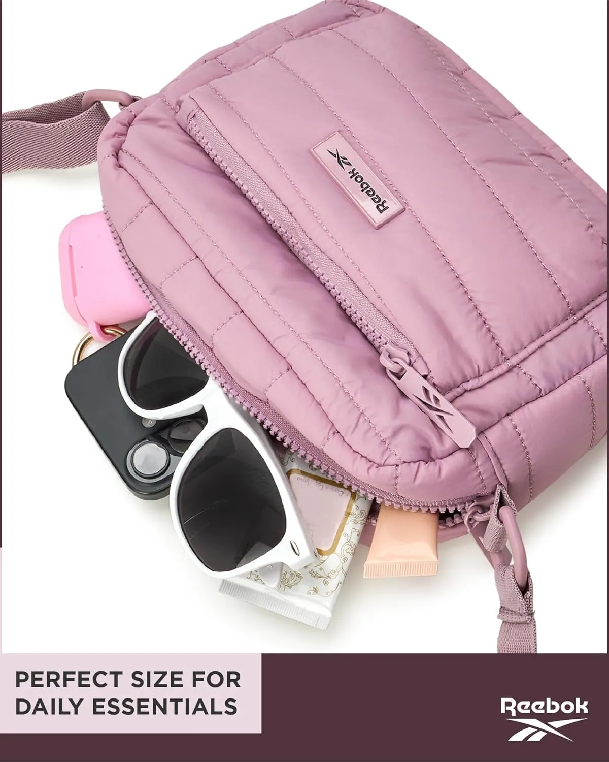 Reebok Women's Crossbody Bag - Quilted Nylon Sling Bag Travel Purse with Adjustable Strap and Secure Zipper Closures