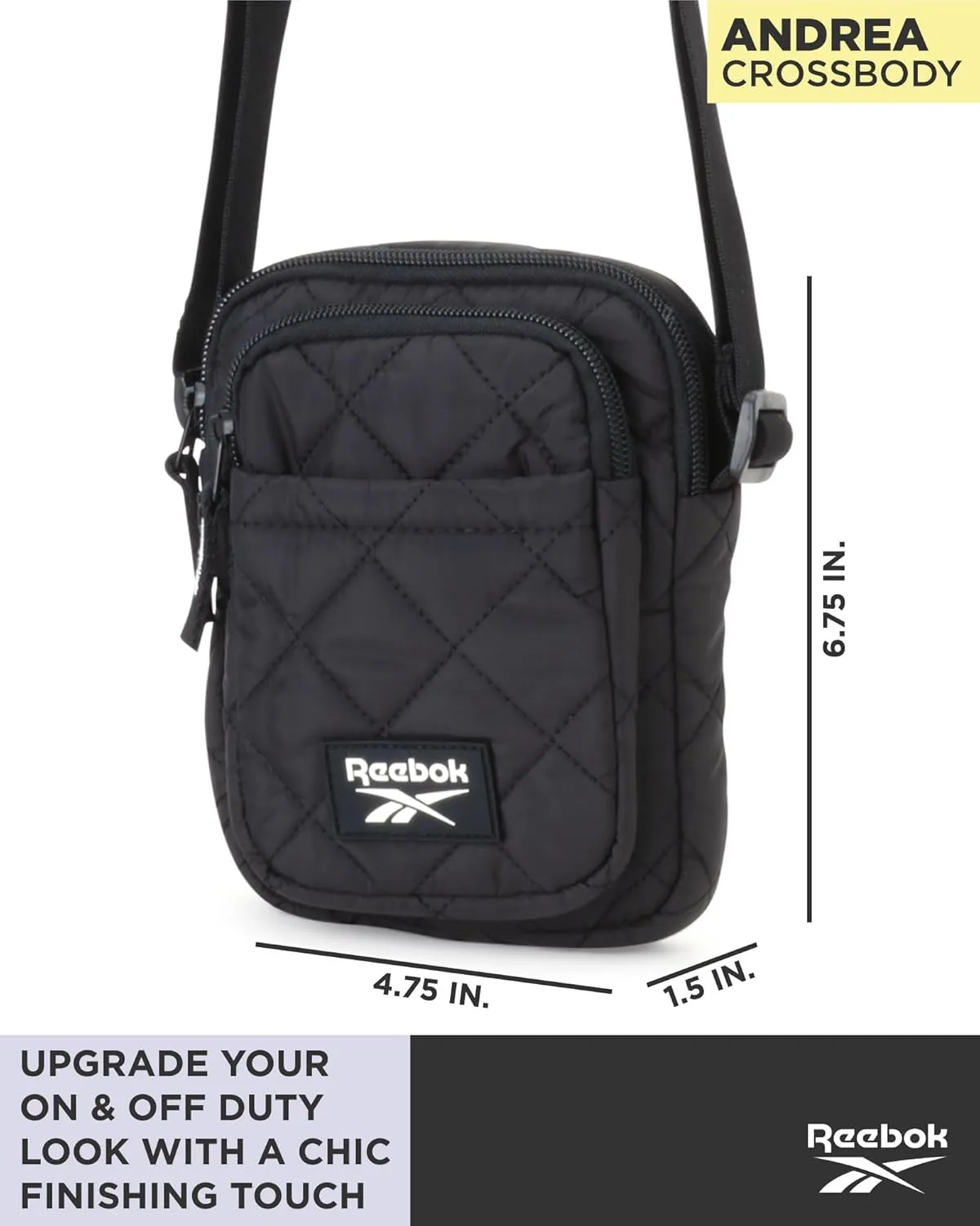 Reebok Women's Crossbody Bag - Quilted Nylon Sling Bag Travel Purse with Adjustable Strap and Secure Zipper Closures
