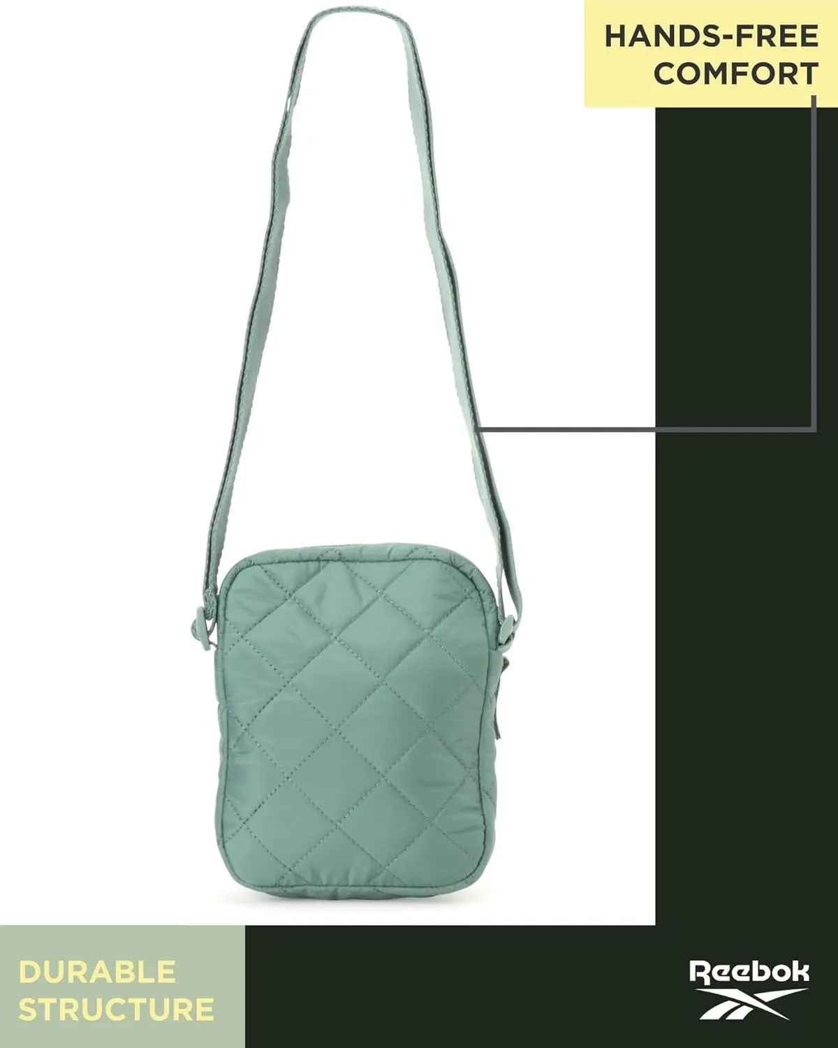 Reebok Women's Crossbody Bag - Quilted Nylon Sling Bag Travel Purse with Adjustable Strap and Secure Zipper Closures