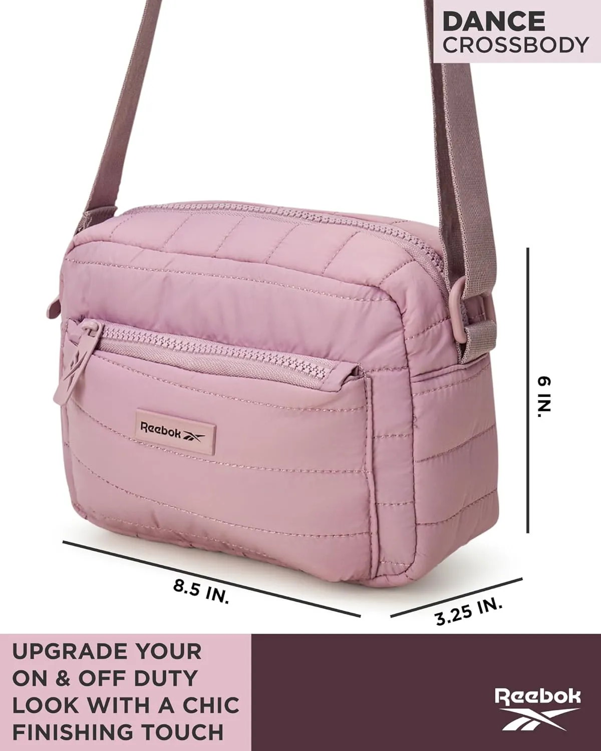 Reebok Women's Crossbody Bag - Quilted Nylon Sling Bag Travel Purse with Adjustable Strap and Secure Zipper Closures