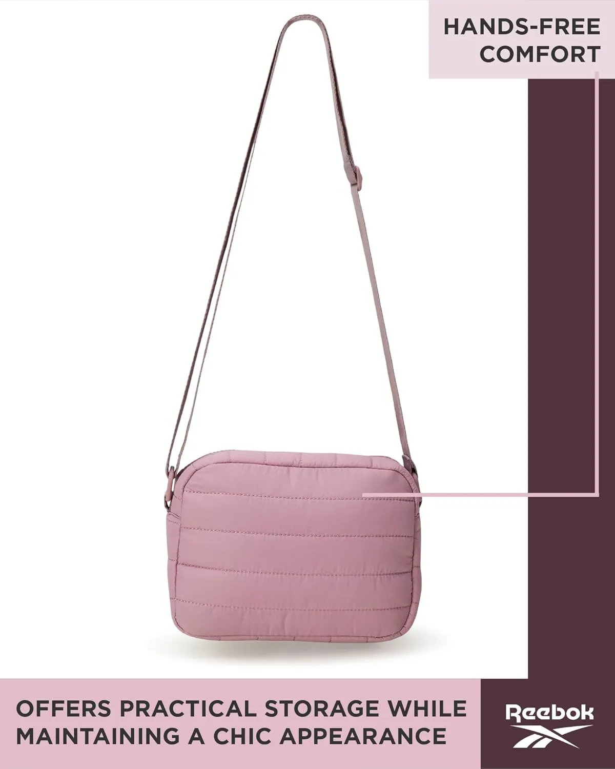 Reebok Women's Crossbody Bag - Quilted Nylon Sling Bag Travel Purse with Adjustable Strap and Secure Zipper Closures