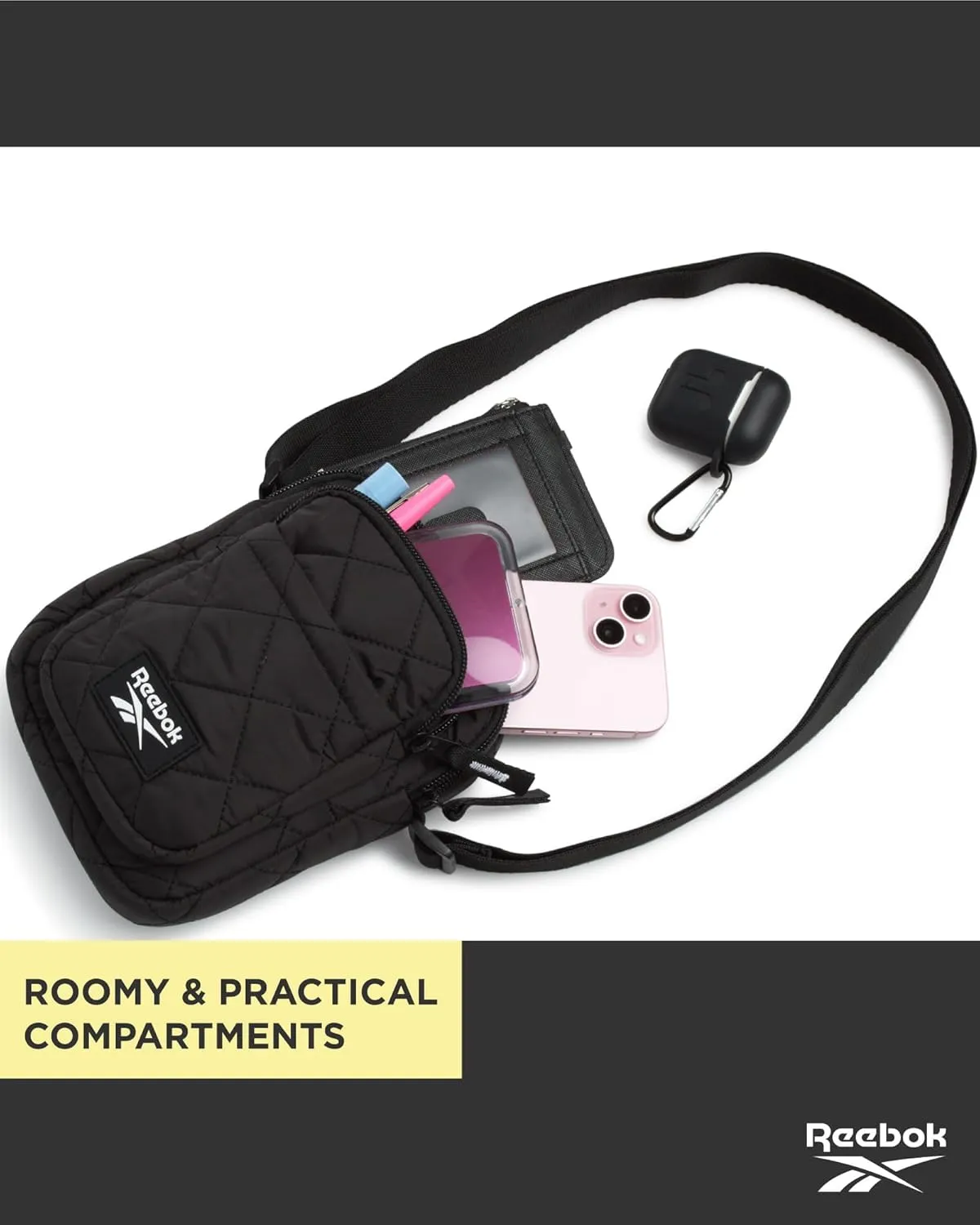 Reebok Women's Crossbody Bag - Quilted Nylon Sling Bag Travel Purse with Adjustable Strap and Secure Zipper Closures