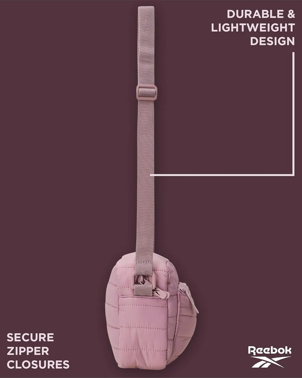 Reebok Women's Crossbody Bag - Quilted Nylon Sling Bag Travel Purse with Adjustable Strap and Secure Zipper Closures