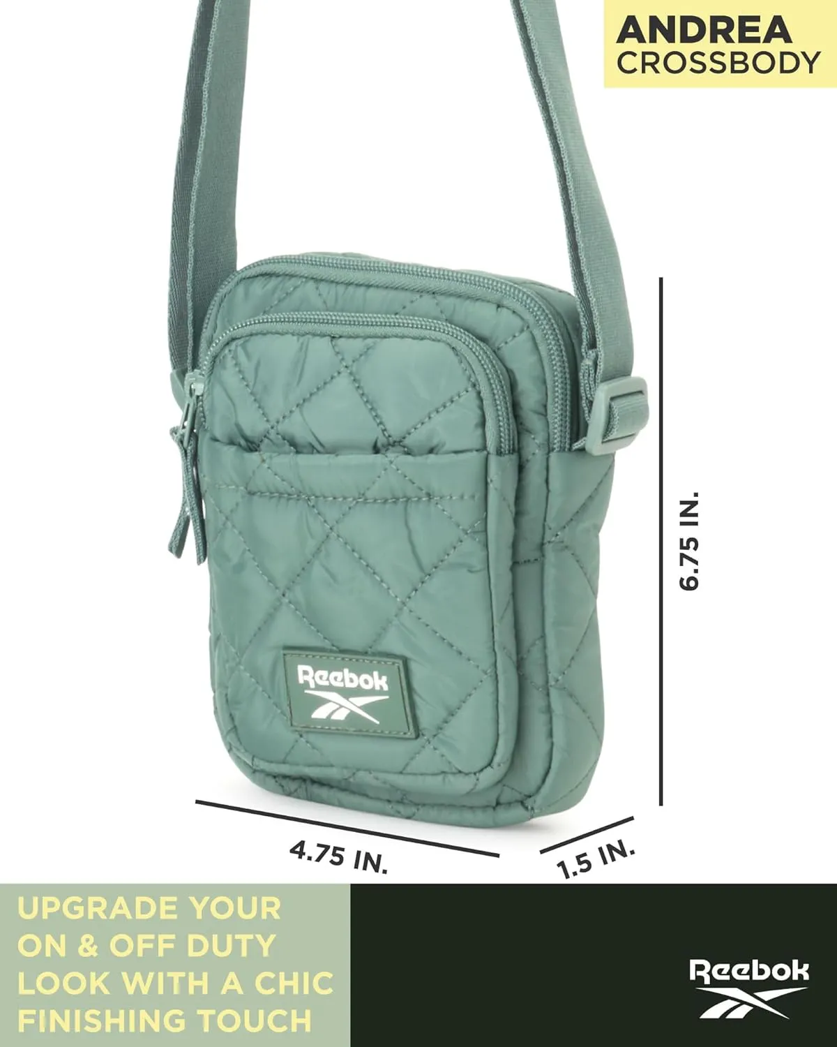 Reebok Women's Crossbody Bag - Quilted Nylon Sling Bag Travel Purse with Adjustable Strap and Secure Zipper Closures