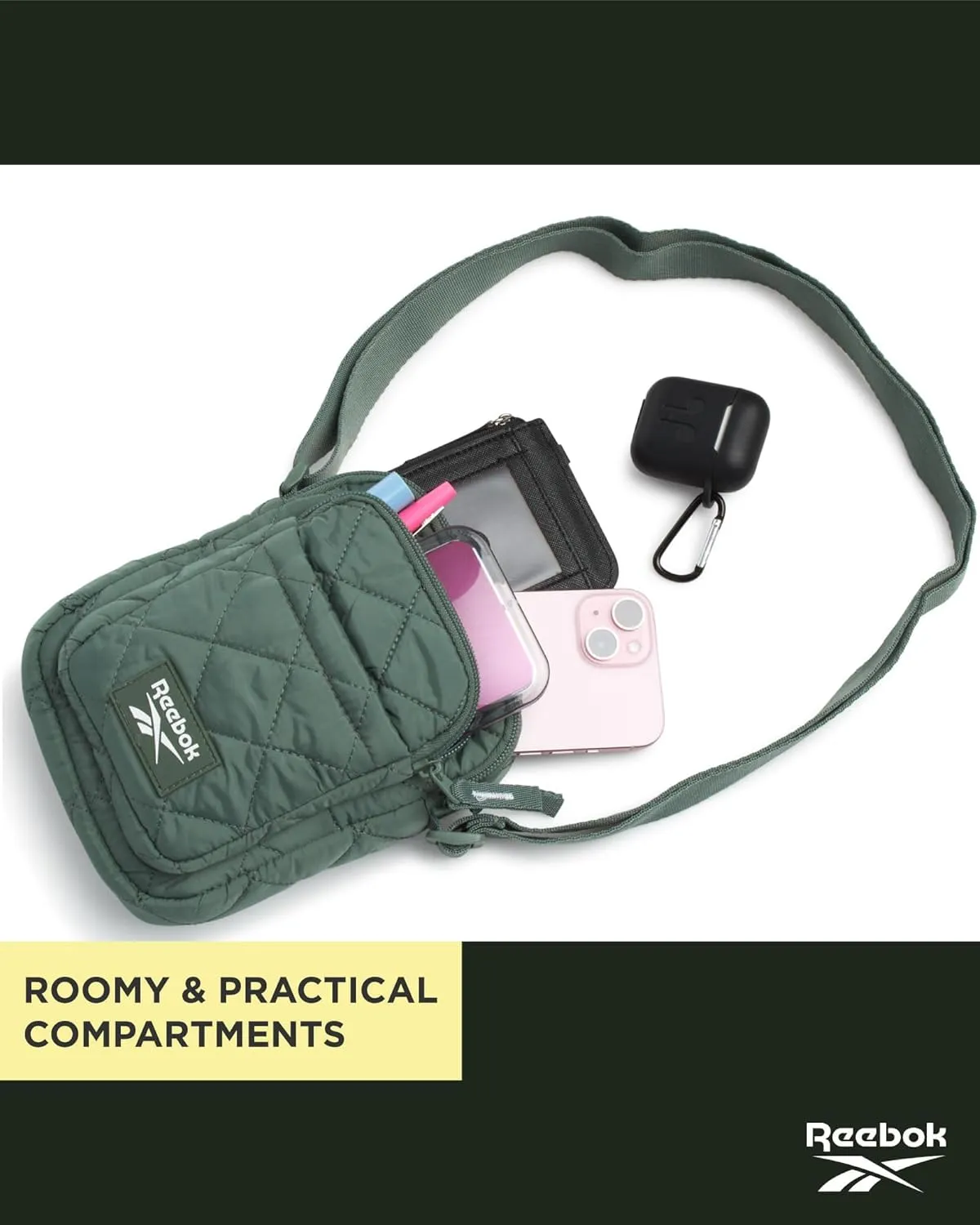 Reebok Women's Crossbody Bag - Quilted Nylon Sling Bag Travel Purse with Adjustable Strap and Secure Zipper Closures