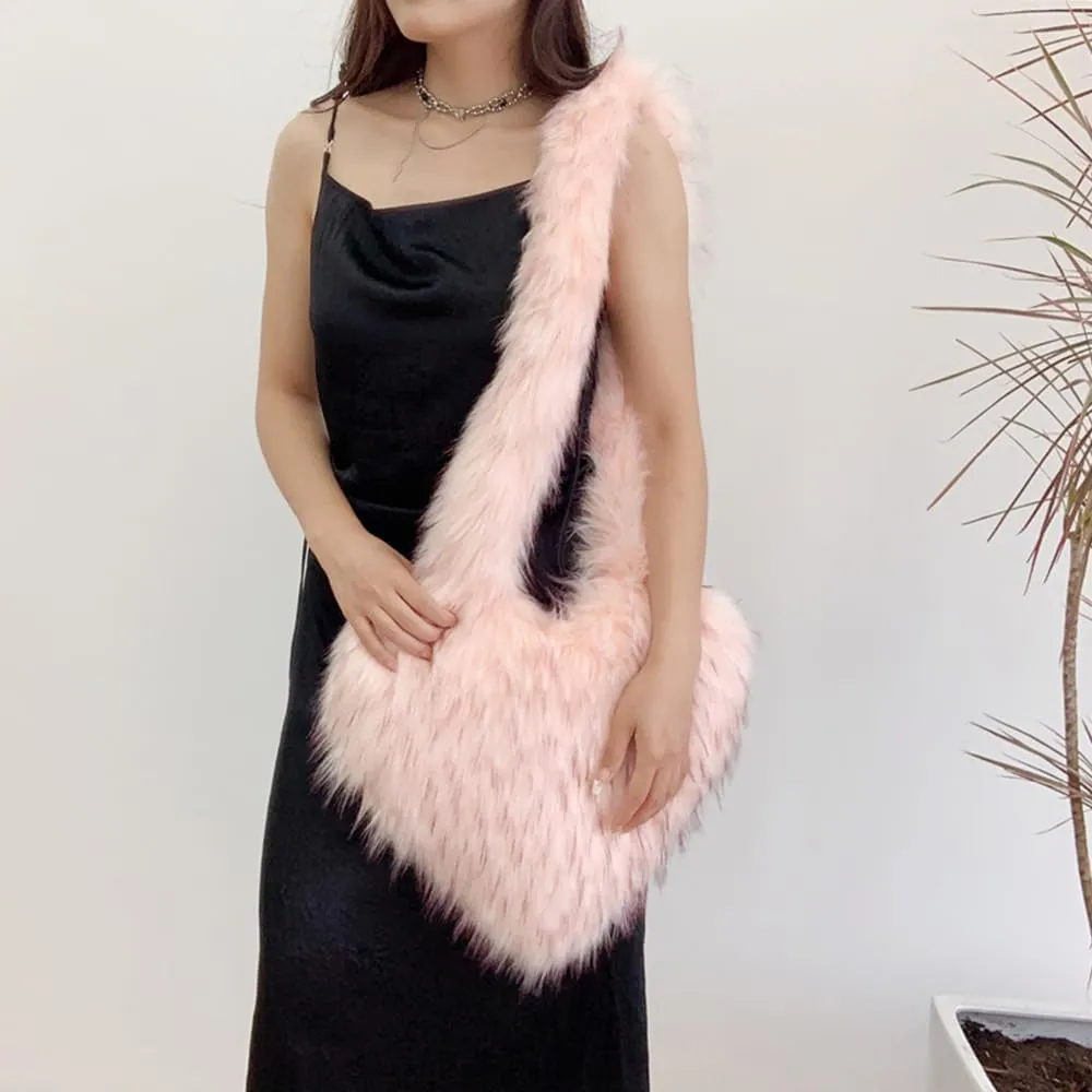 Rejolly Heart Shaped Furry Purse for Women Large Soft Shoulder Bag Fluffy Faux Fur Trendy Y2K Girls Handbag
