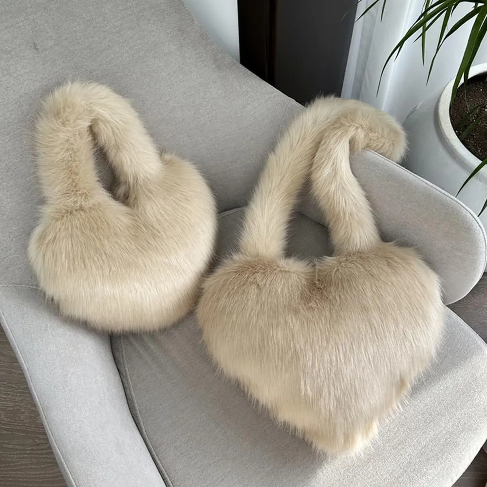 Rejolly Heart Shaped Furry Purse for Women Large Soft Shoulder Bag Fluffy Faux Fur Trendy Y2K Girls Handbag