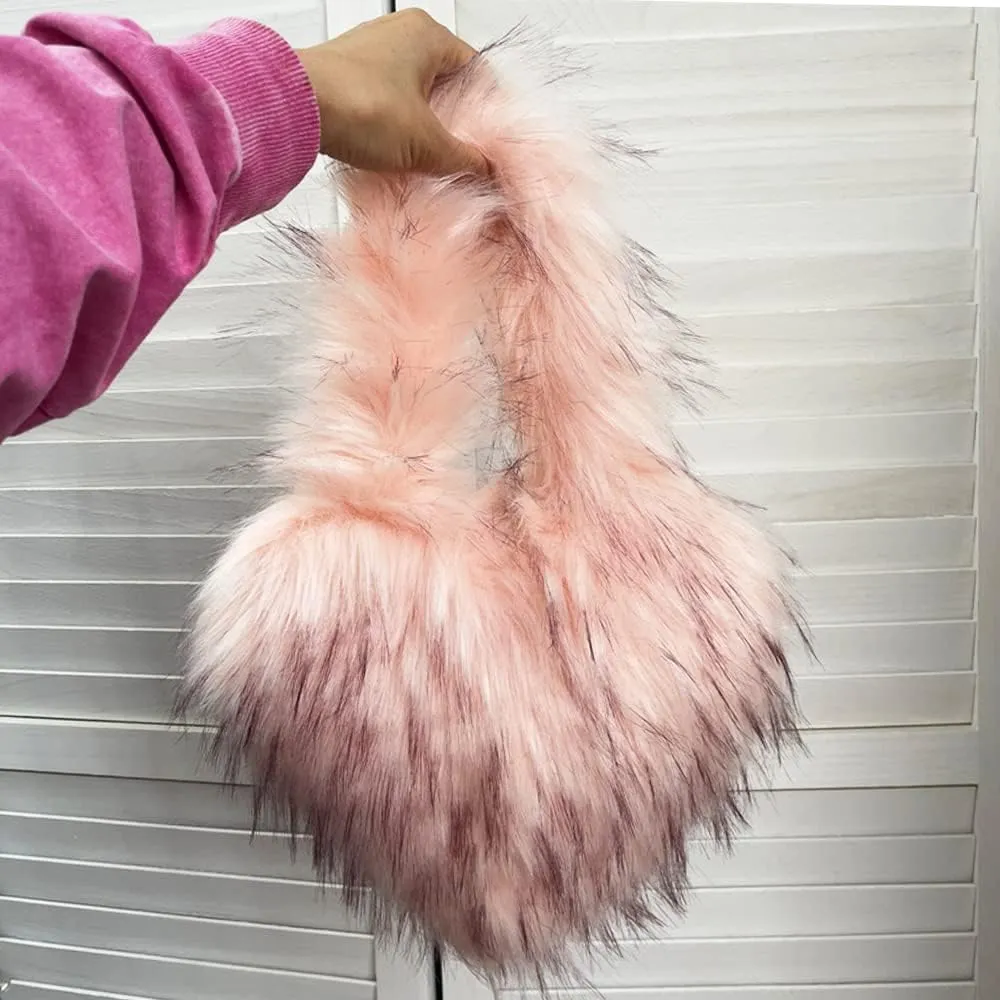 Rejolly Heart Shaped Furry Purse for Women Large Soft Shoulder Bag Fluffy Faux Fur Trendy Y2K Girls Handbag