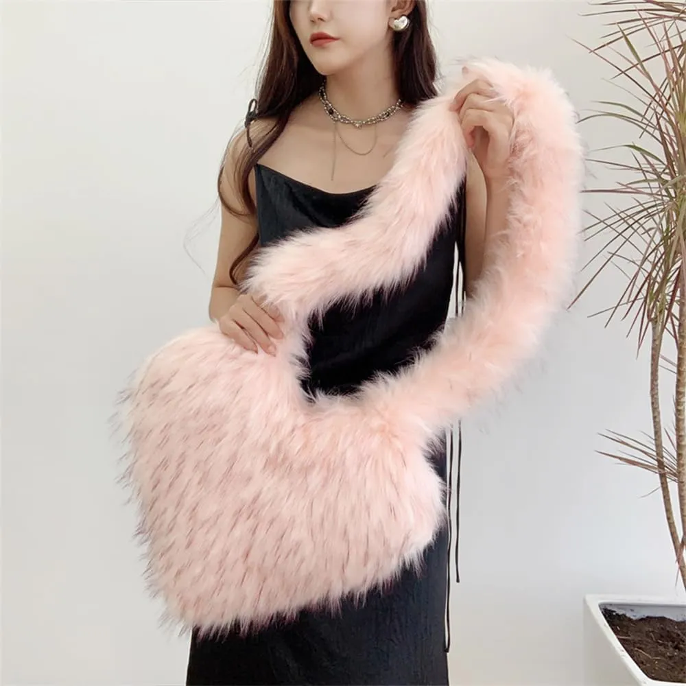 Rejolly Heart Shaped Furry Purse for Women Large Soft Shoulder Bag Fluffy Faux Fur Trendy Y2K Girls Handbag