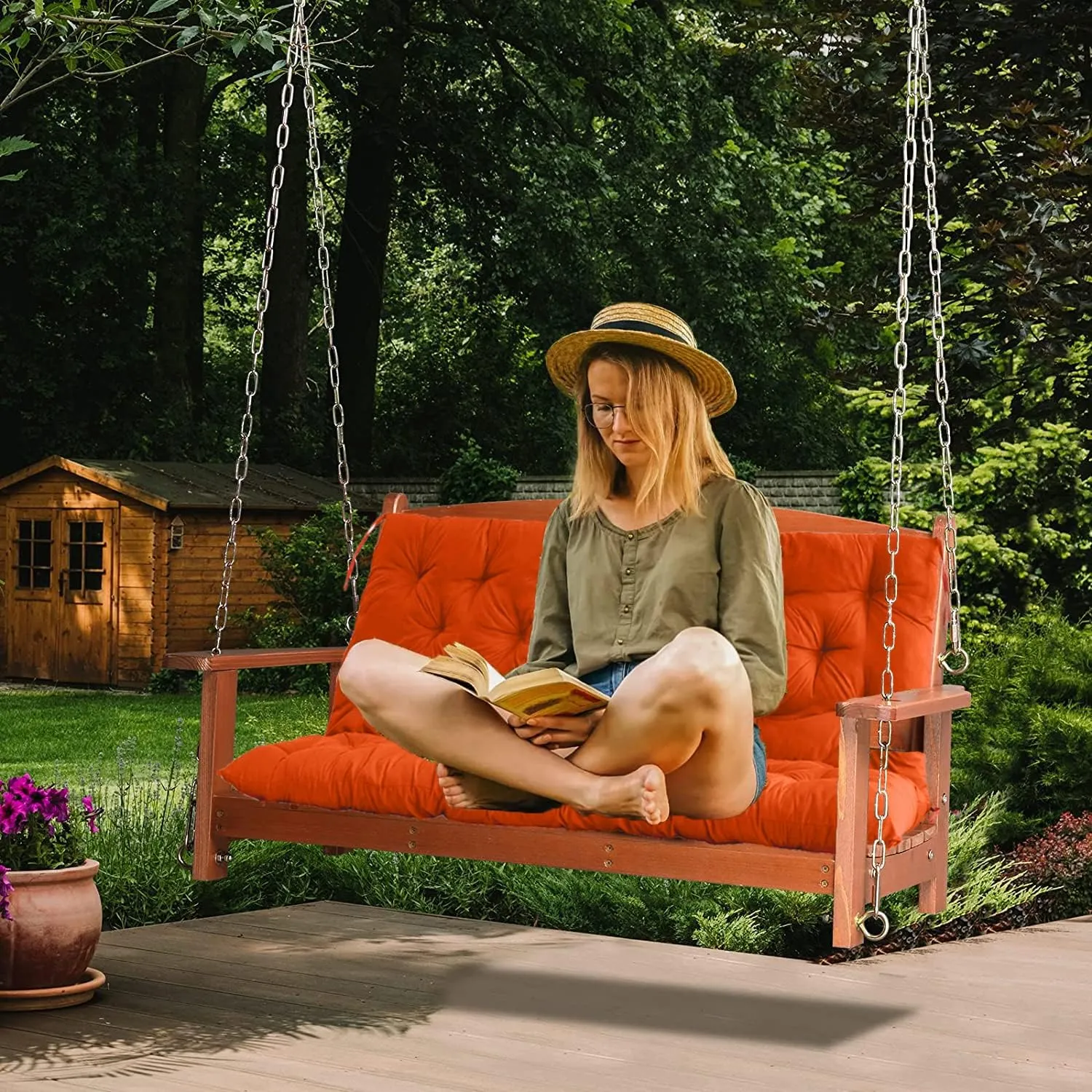 Replacement Cushions for Swing, Waterproof Porch Swing Cushion, 2-3 Seat Replacement Swing Seat Cushion with Backrest and Ties for Patio Backyard Porch Garden(Orange 40 * 60 in)