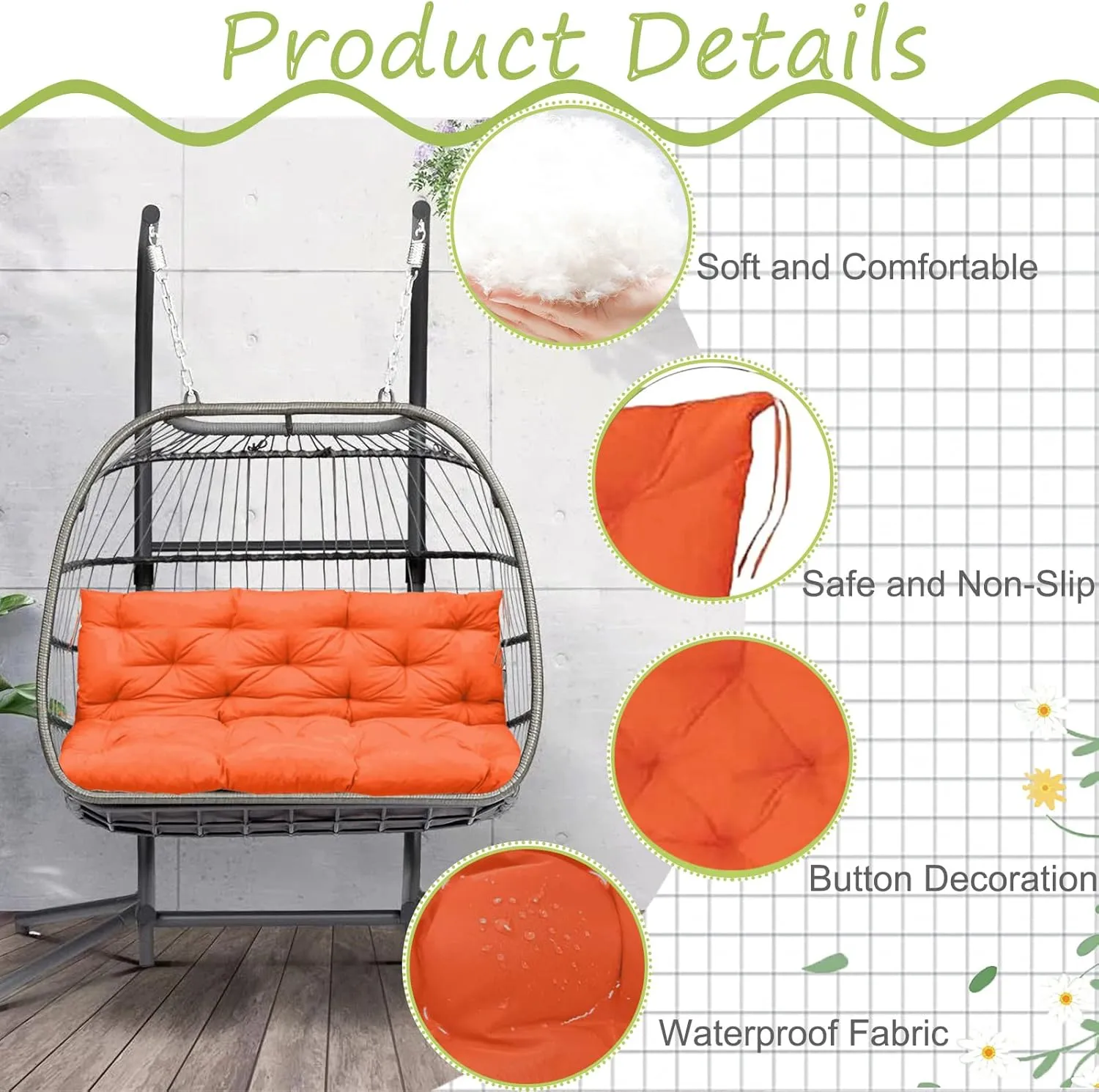 Replacement Cushions for Swing, Waterproof Porch Swing Cushion, 2-3 Seat Replacement Swing Seat Cushion with Backrest and Ties for Patio Backyard Porch Garden(Orange 40 * 60 in)