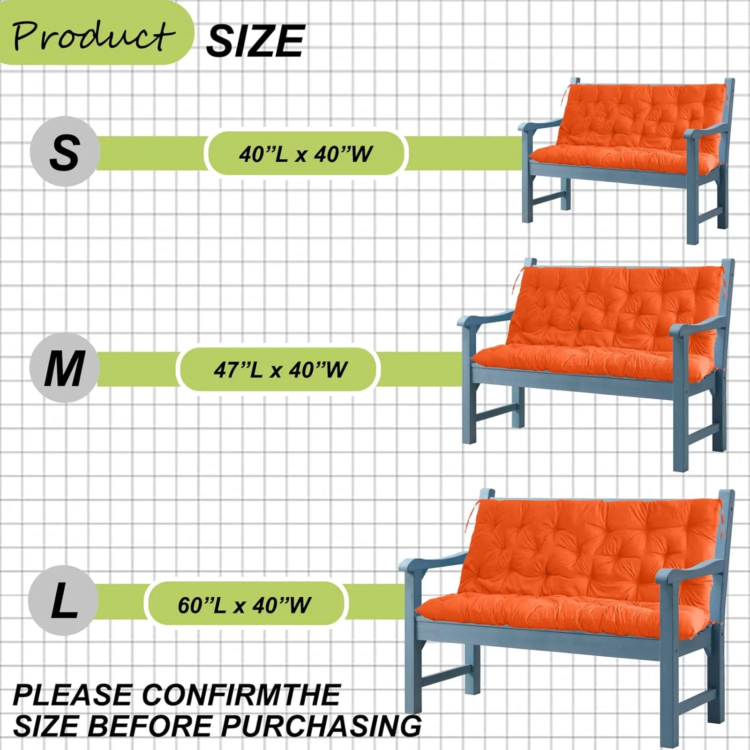 Replacement Cushions for Swing, Waterproof Porch Swing Cushion, 2-3 Seat Replacement Swing Seat Cushion with Backrest and Ties for Patio Backyard Porch Garden(Orange 40 * 60 in)