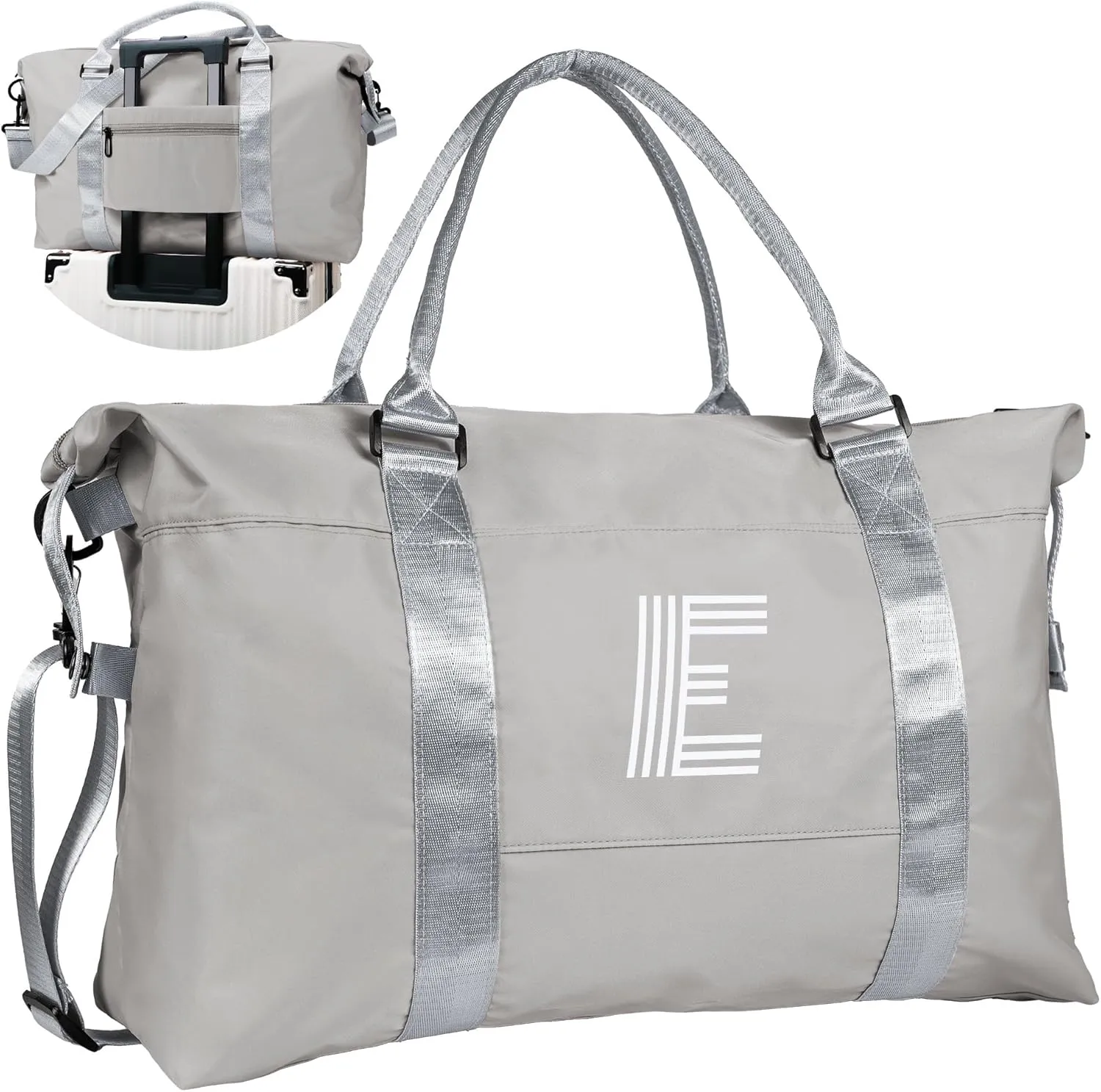 Retirement Gift for Woman, Initial Travel Duffel Bag, Sports Bag, Personalized Weekender Bag with Shoulder Strap, Monogram Overnight Bag, Gift for Friend Tween Girls Gifts (Letter E), Grey
