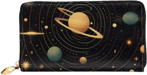 Retro Astronomical Pattern Leather Wallets For Women Waterproof Zip Around Clutch Purses Large Credit Card Holder With Phone Holder Ladies Travel Coin Purse