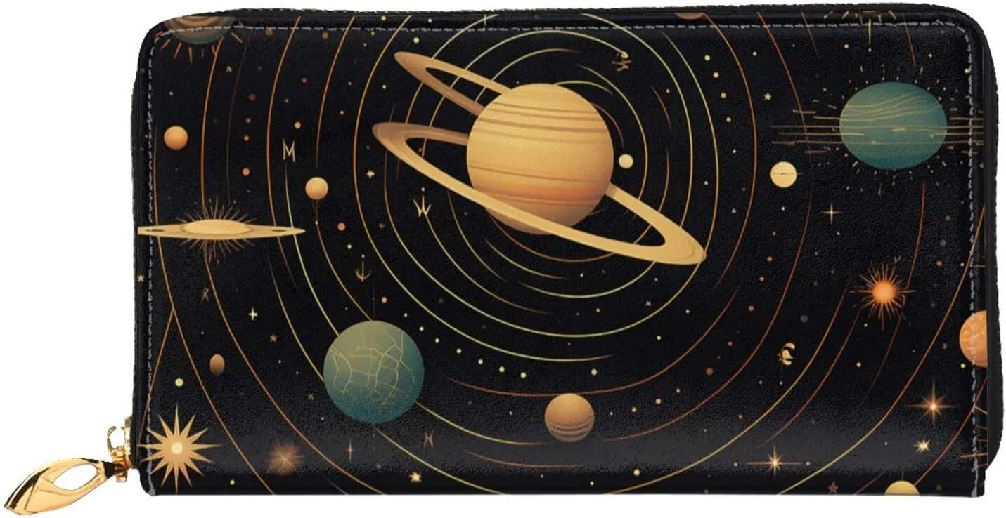 Retro Astronomical Pattern Leather Wallets For Women Waterproof Zip Around Clutch Purses Large Credit Card Holder With Phone Holder Ladies Travel Coin Purse