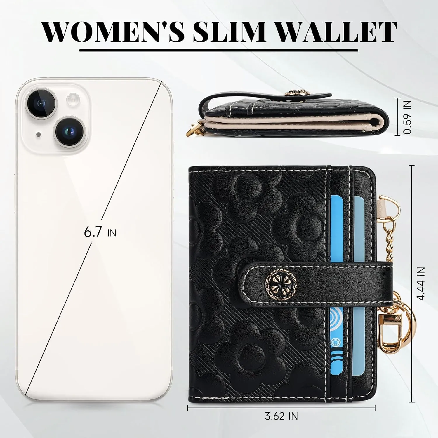RFID Wallet Women,Slim Small Wallets Embossed Flower Leather Bifold Compact Ladies Girls Wallet with Credit Card Holder Zipper Coin Pocket Black