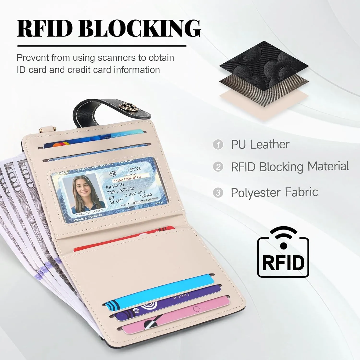 RFID Wallet Women,Slim Small Wallets Embossed Flower Leather Bifold Compact Ladies Girls Wallet with Credit Card Holder Zipper Coin Pocket Black