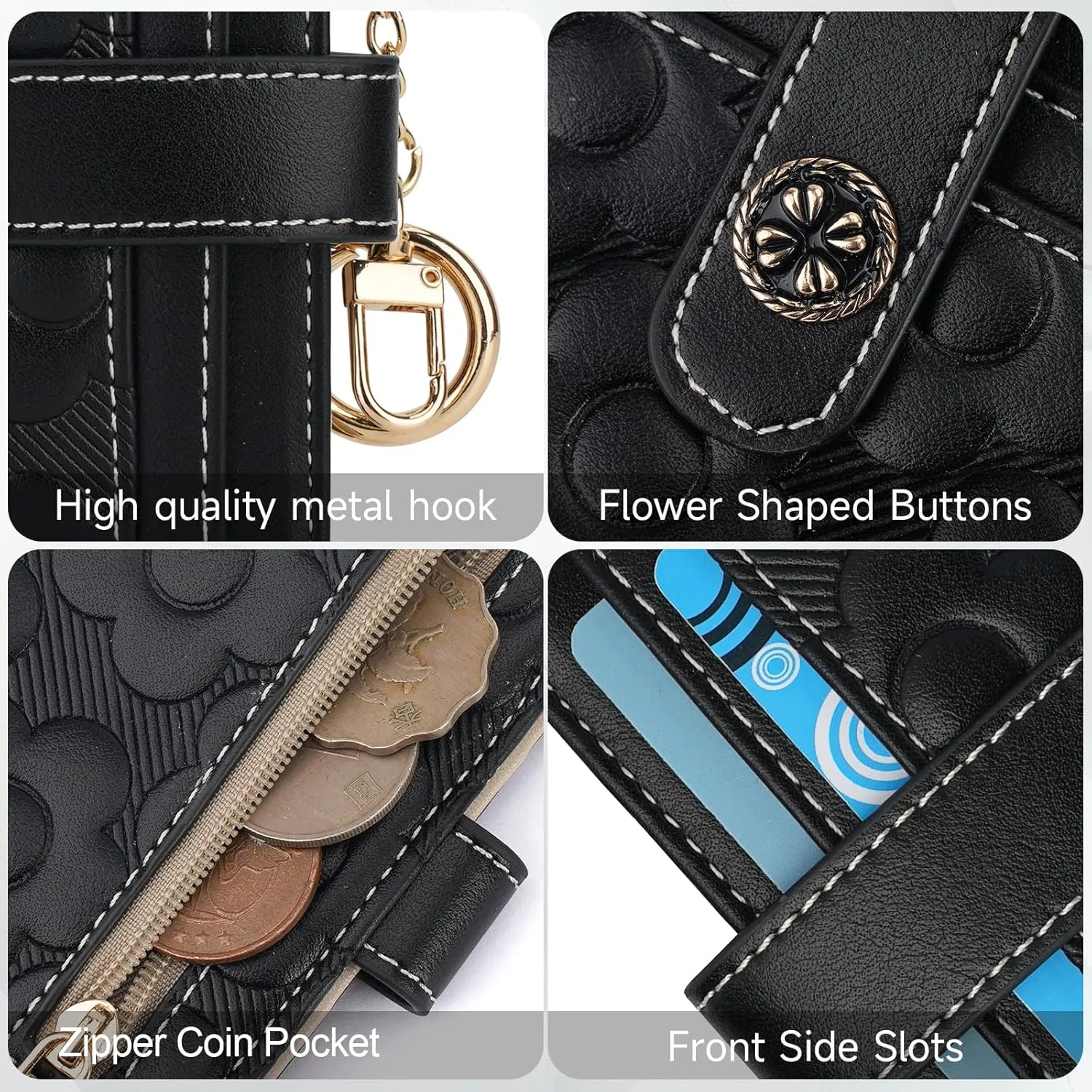 RFID Wallet Women,Slim Small Wallets Embossed Flower Leather Bifold Compact Ladies Girls Wallet with Credit Card Holder Zipper Coin Pocket Black