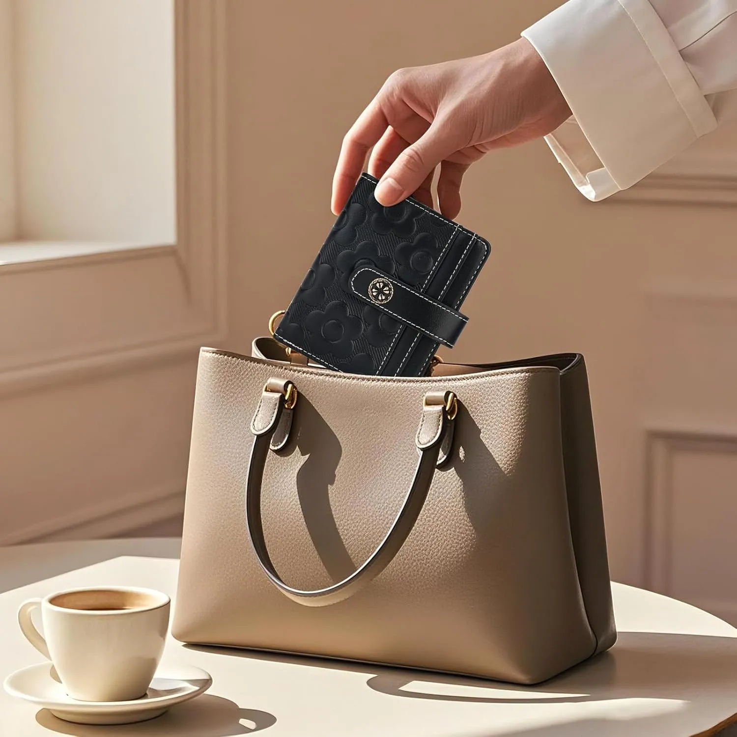 RFID Wallet Women,Slim Small Wallets Embossed Flower Leather Bifold Compact Ladies Girls Wallet with Credit Card Holder Zipper Coin Pocket Black