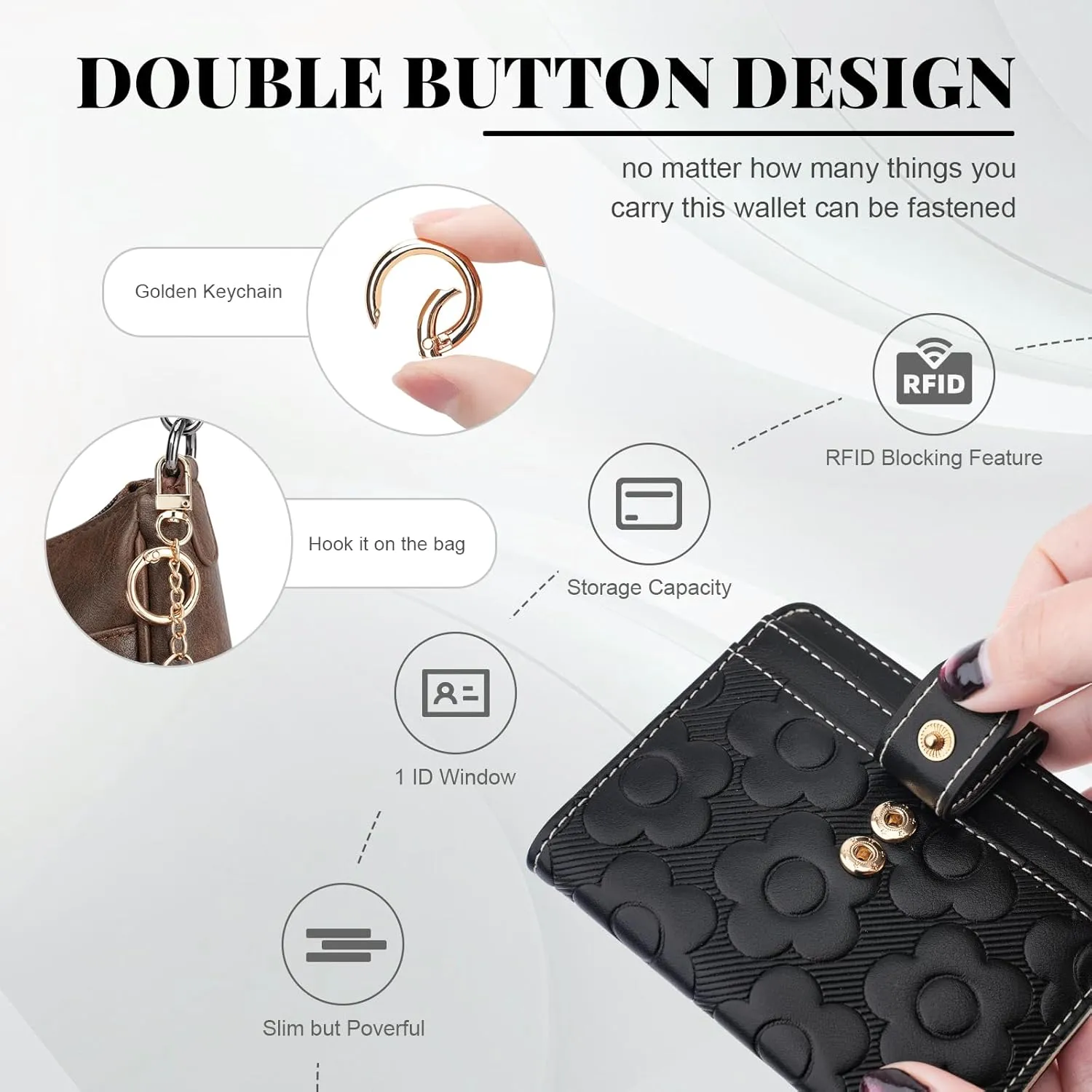 RFID Wallet Women,Slim Small Wallets Embossed Flower Leather Bifold Compact Ladies Girls Wallet with Credit Card Holder Zipper Coin Pocket Black